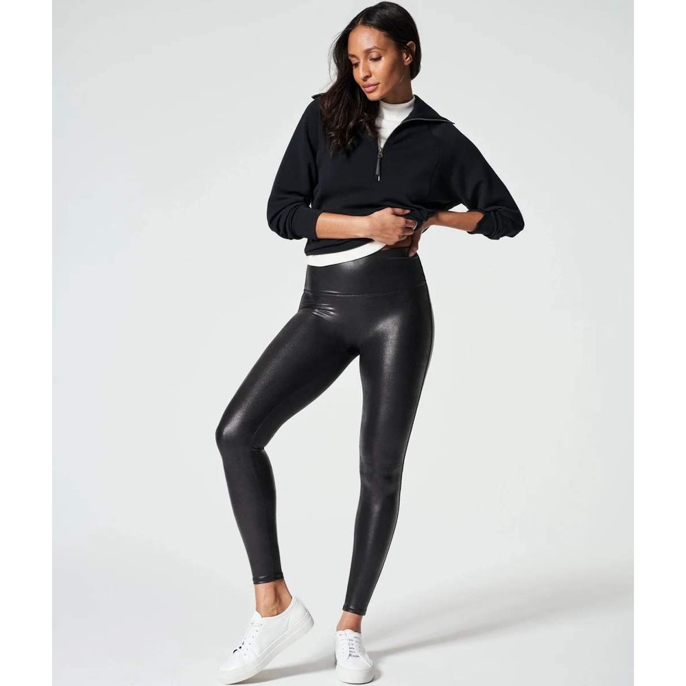 SPANX Women Faux Leather Leggings Black Noir XL Petite High Waist 2437Q NEW
